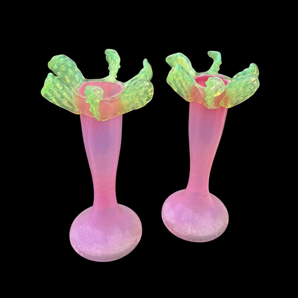EXCEPTIONAL Uranium Glass Vase Pair Vintage Estate Flower Victorian